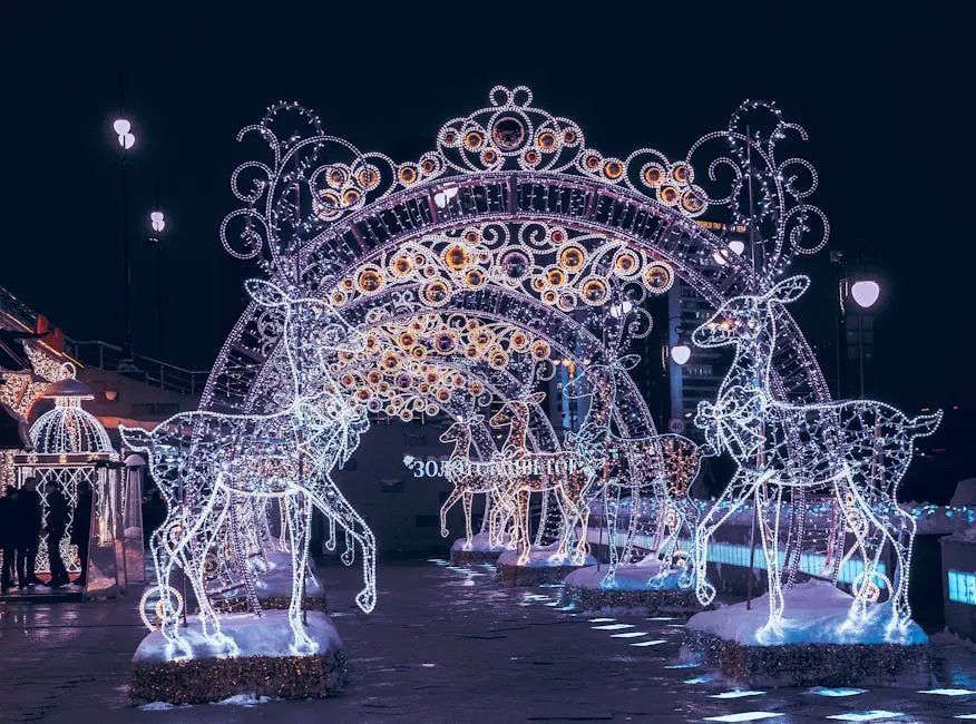 Stunning Christmas lights and decorations featuring reindeer on a lively city street at night.
