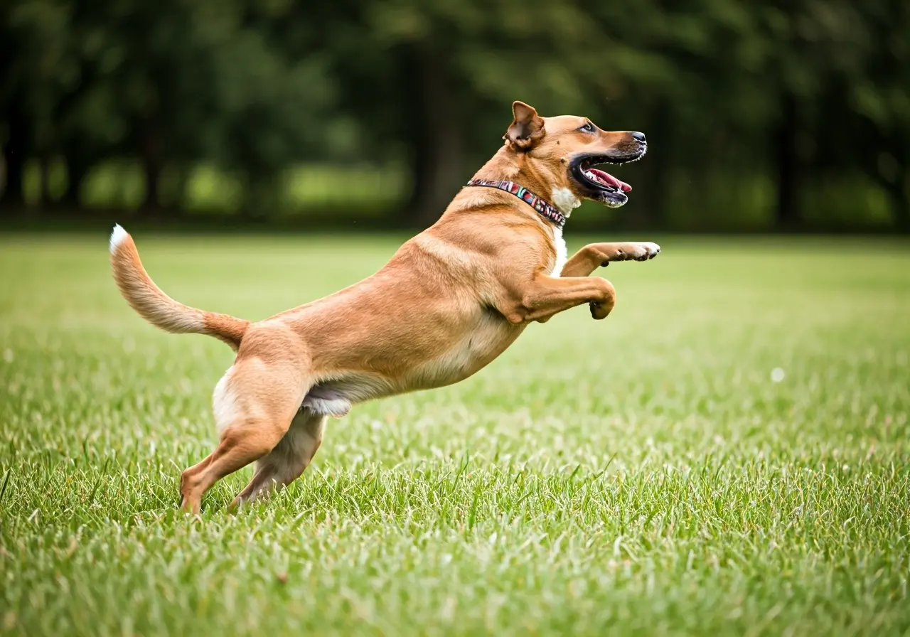 A happy dog performing a trick in a green park. 35mm stock photo
