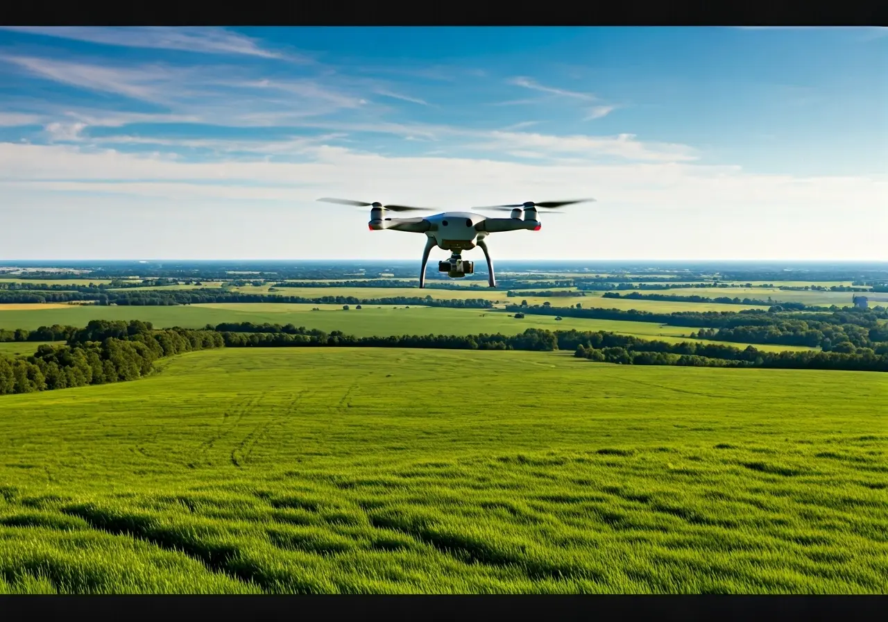 A drone flying over a vast, lush green farmland. 35mm stock photo