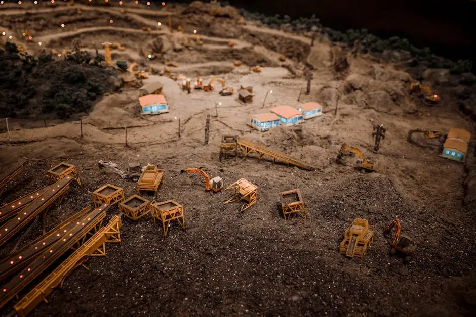 Close-up of a detailed miniature construction site showcasing a quarry with machinery and structures.