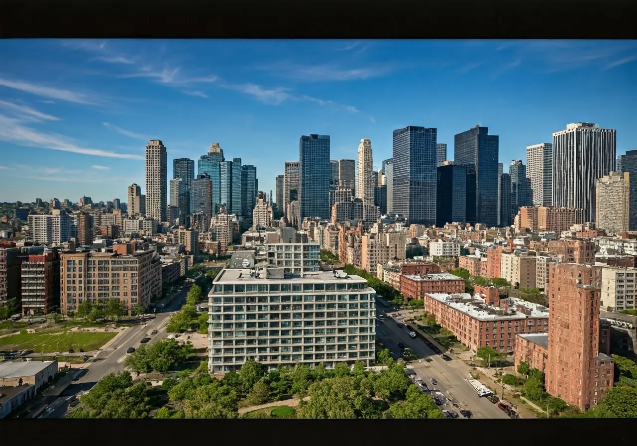 Aerial view of Brooklyn skyline with modern residential buildings. 35mm stock photo