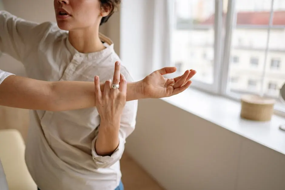 Physical therapist stretches a woman’s arm in a sunny room.