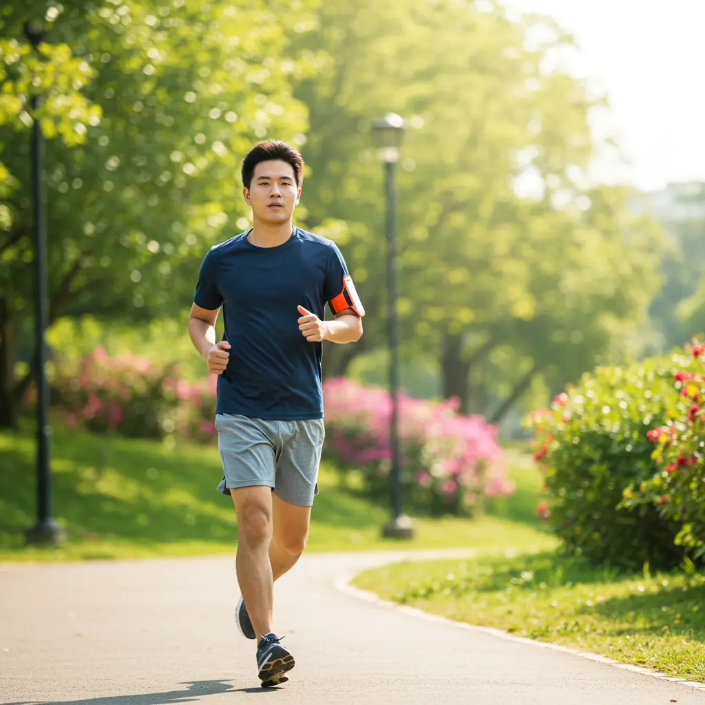 Person jogging outdoors in mid-stride.