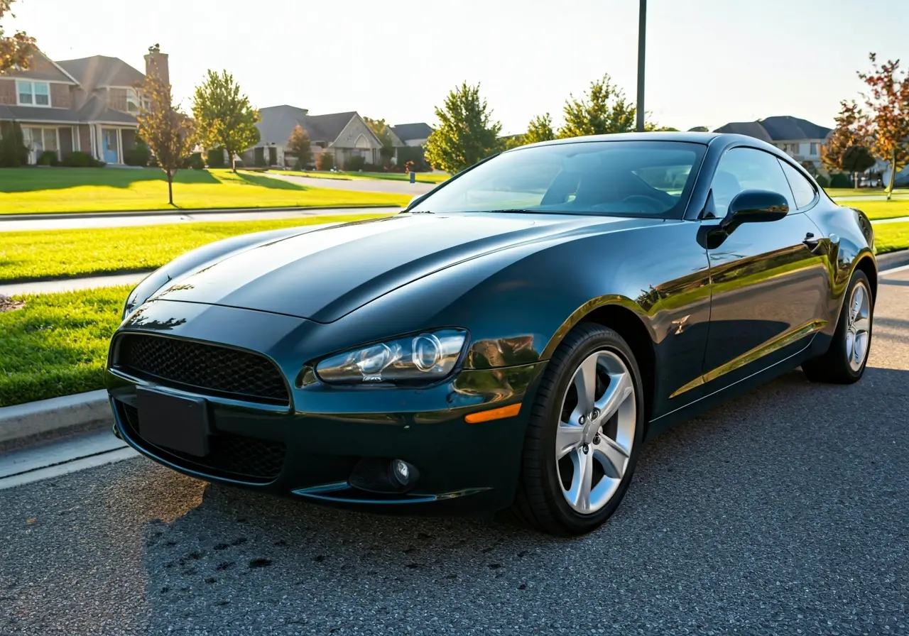 A shiny, well-polished car under sunlight on a suburban street. 35mm stock photo