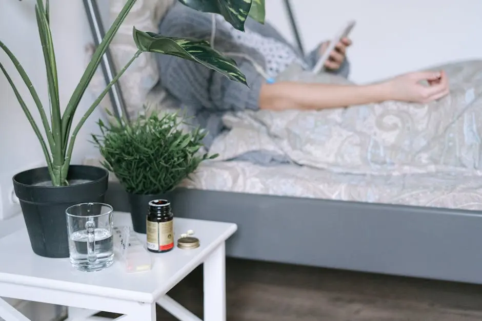 A patient resting in a hospital bed with care essentials nearby, illustrating a calm recovery environment.