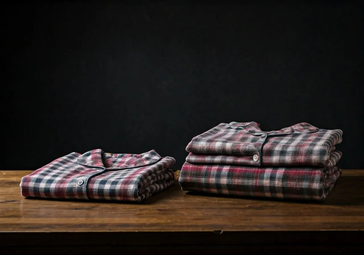 A cozy flannel pajama set beside luxurious silk pajamas. 35mm stock photo