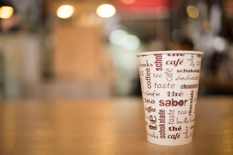 Stylish paper coffee cup on a wooden table in Bogotá café setting with blurred background.