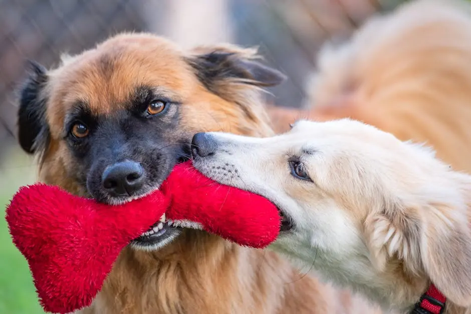 Two playful dogs enjoy a game of tug-of-war with a red plush toy outdoors.