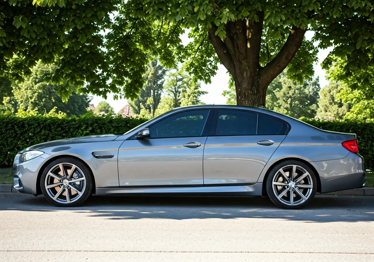 A sleek car with tinted windows parked under a tree. 35mm stock photo
