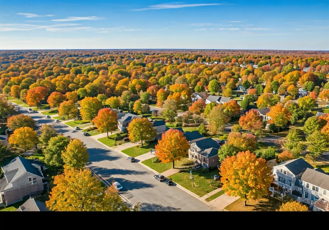 Aerial view of a Maryland suburban neighborhood in autumn. 35mm stock photo