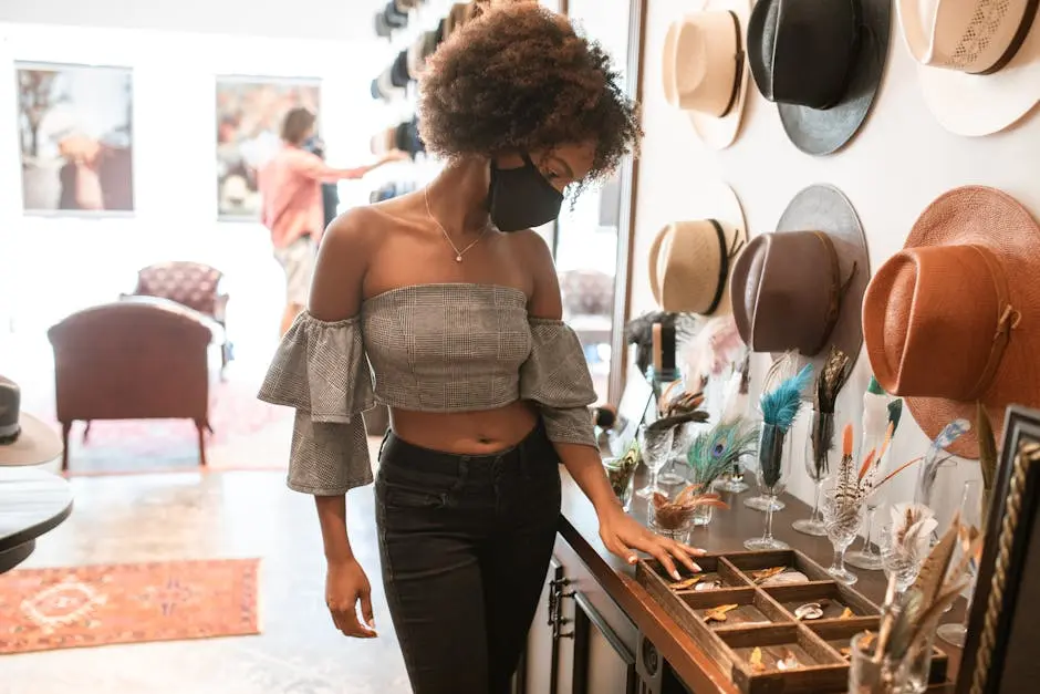 A stylish woman in a face mask browsing accessories in a trendy boutique.