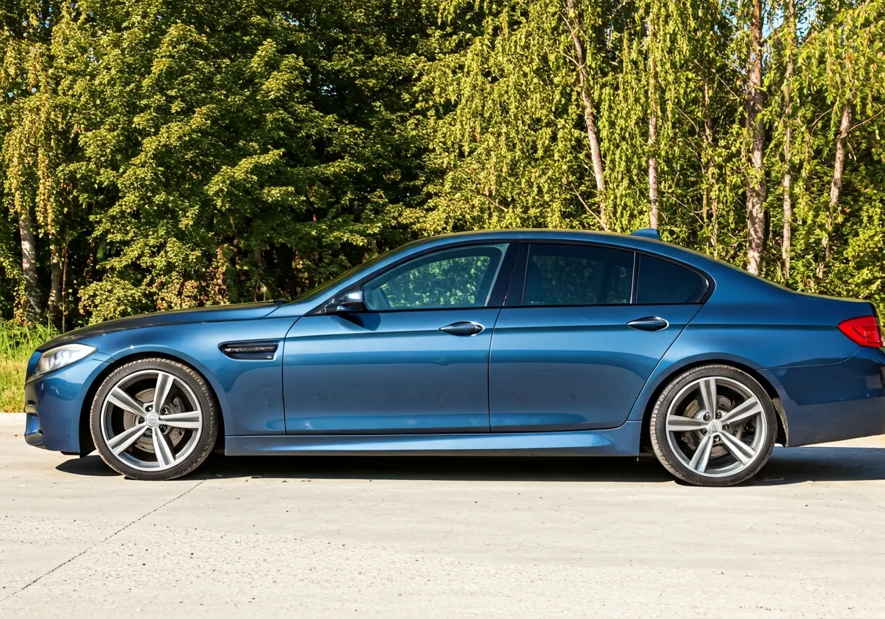 A car with tinted windows parked in a sunny setting. 35mm stock photo