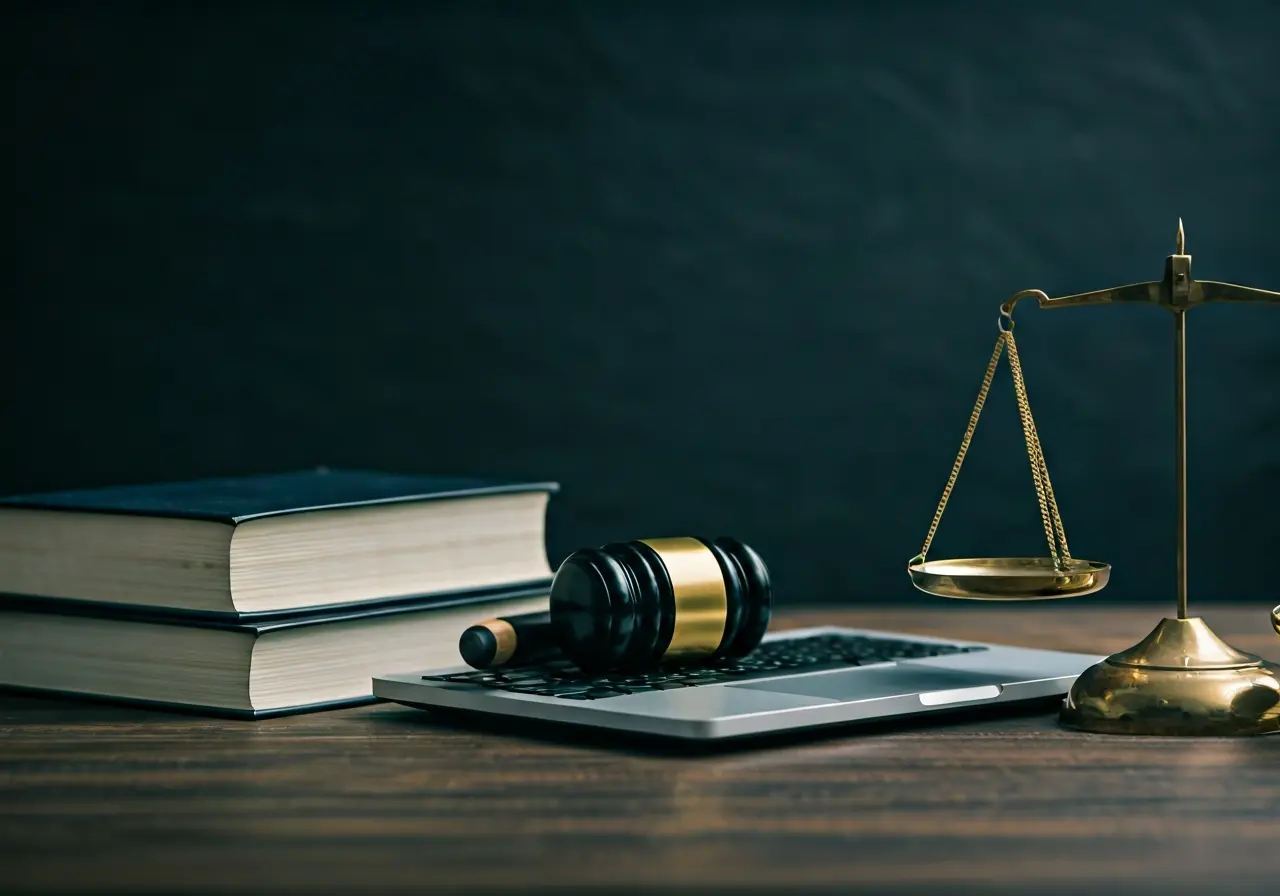 A laptop with legal books and scales of justice. 35mm stock photo