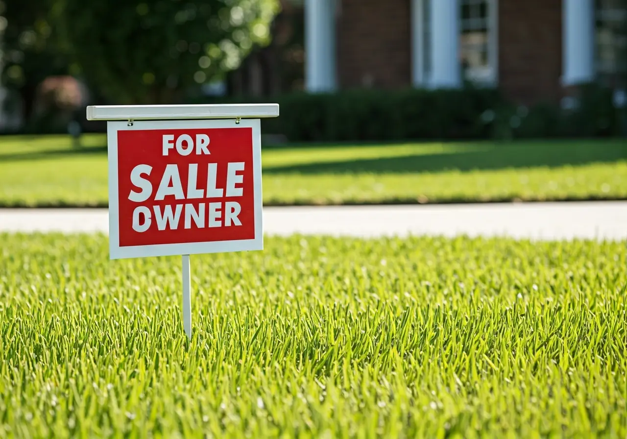 A small For Sale By Owner sign on a front lawn. 35mm stock photo
