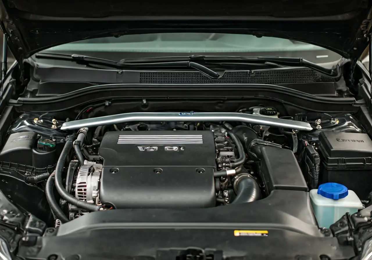 Engine bay being meticulously cleaned with a focus on detail. 35mm stock photo