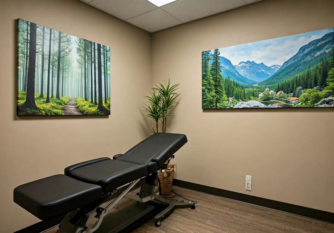 A cozy clinic room with calming nature-themed artwork displayed. 35mm stock photo