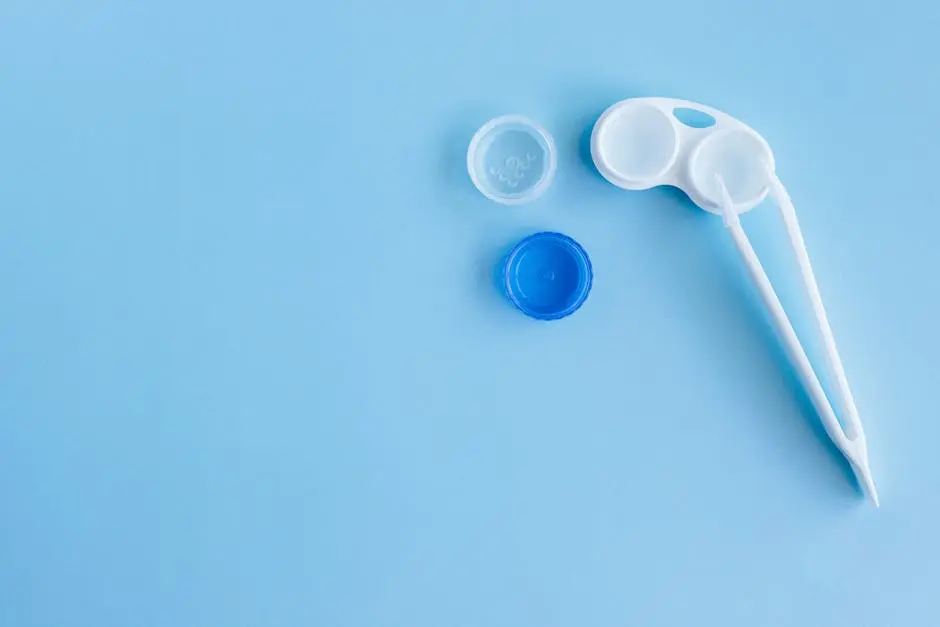 Top view of a white contact lens case and tweezers on a blue background, offering lots of copy space.