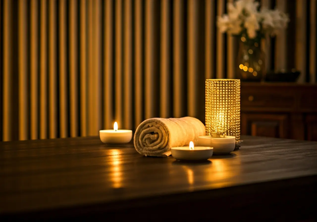 A serene spa setting with elegant gold and white decor. 35mm stock photo
