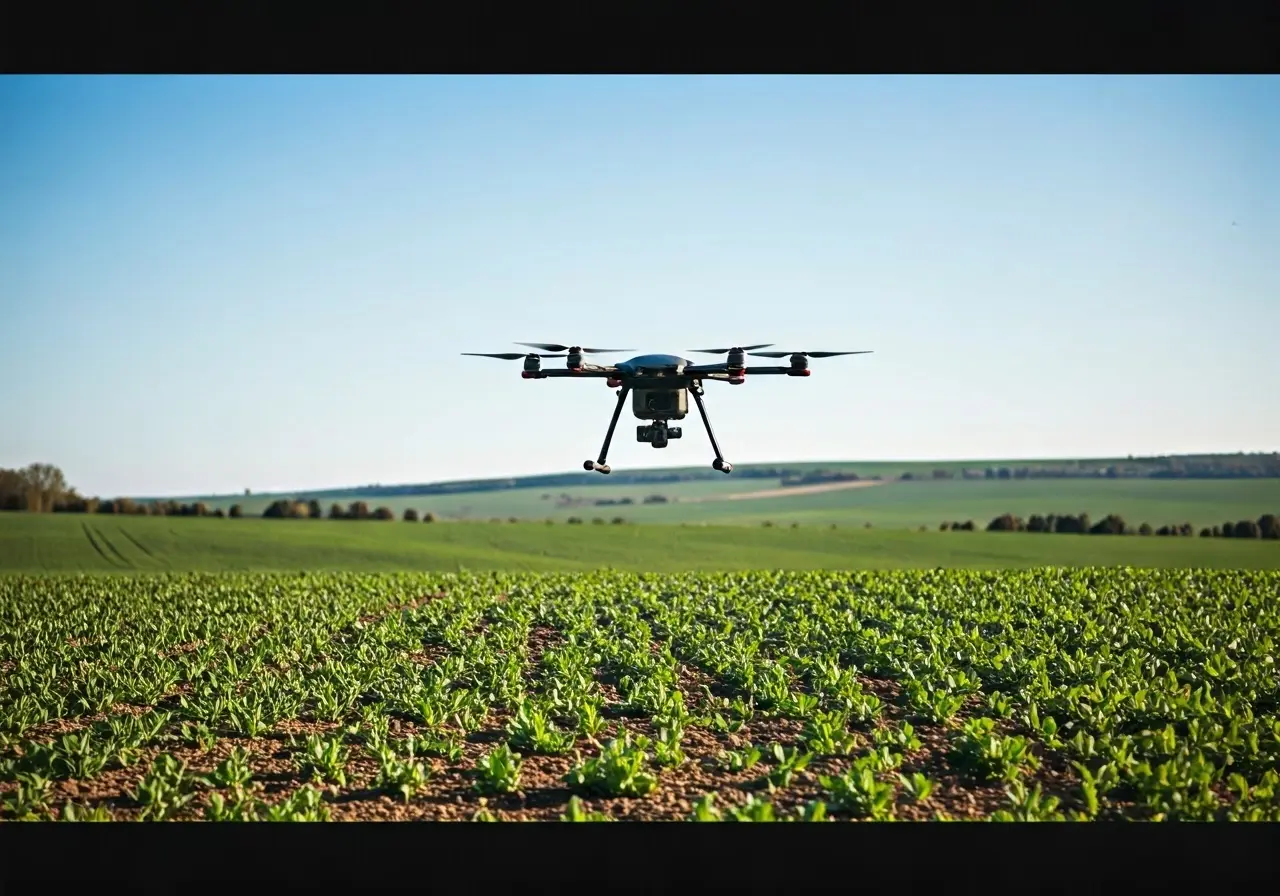 A drone spreader dispersing seeds over vast, fertile farmland. 35mm stock photo