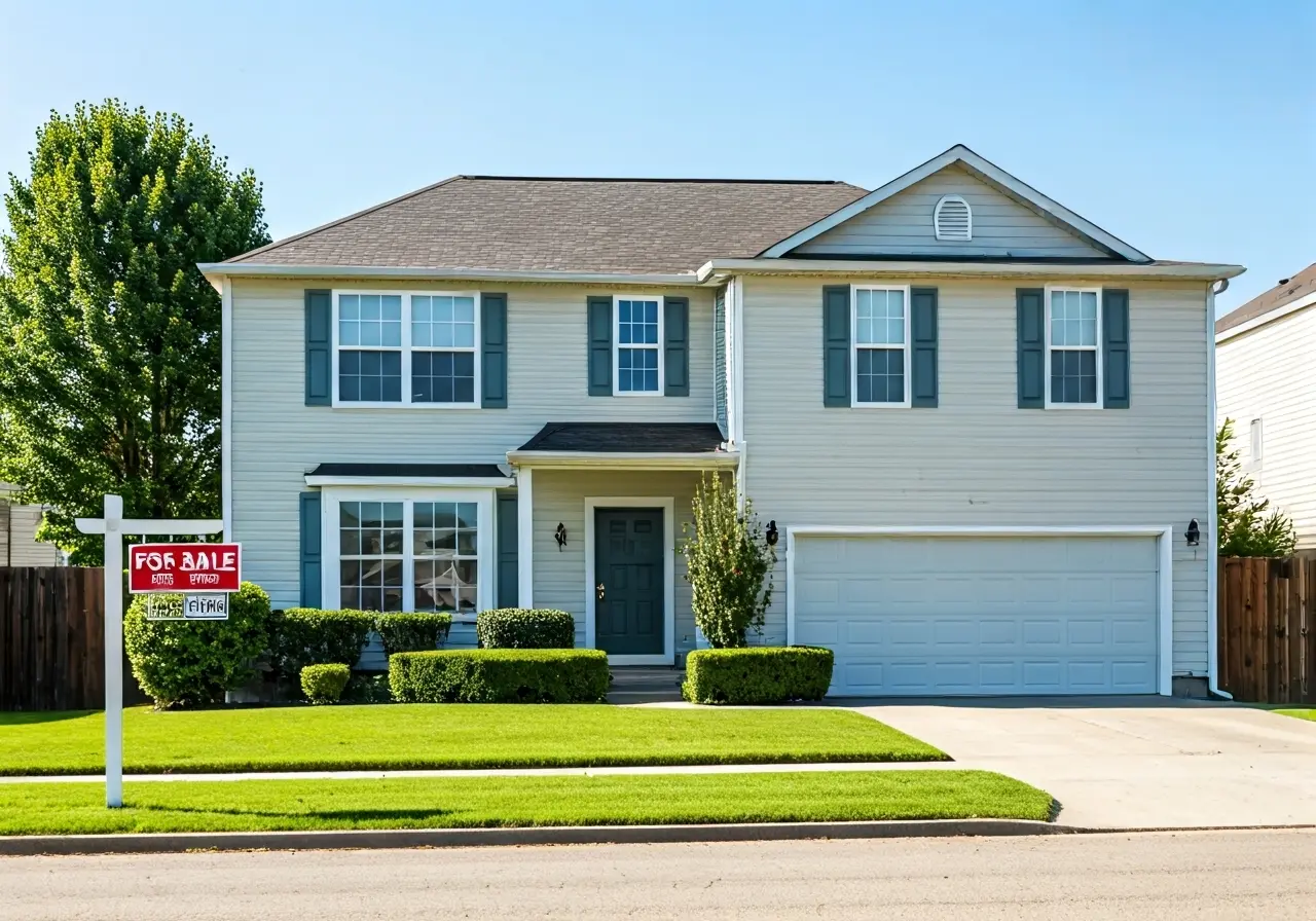 A serene suburban home with a For Sale sign outside. 35mm stock photo