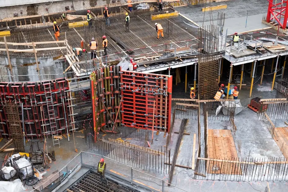 Industrial construction site with workers in high visibility clothing at a steel framework structure.