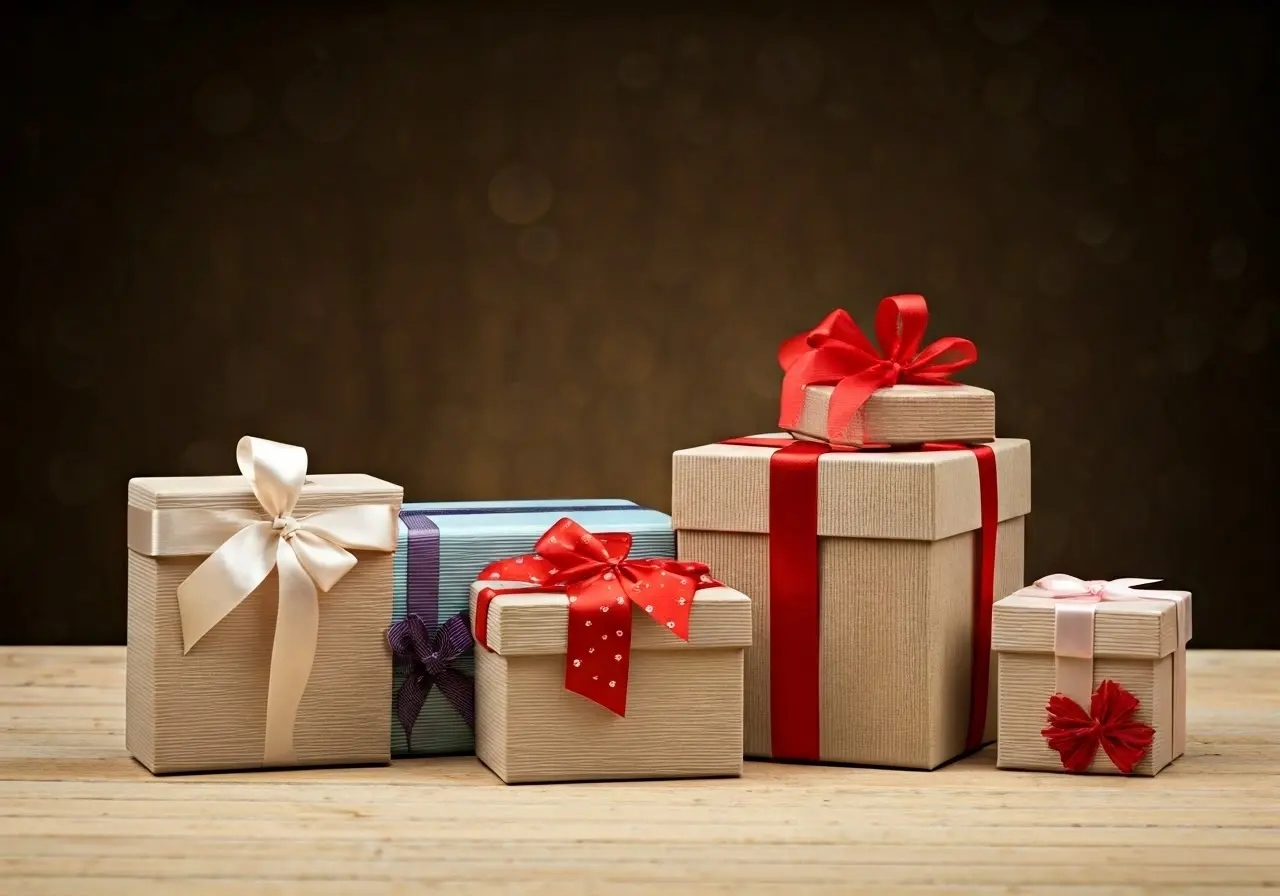 A collection of beautifully wrapped, elegant gift boxes. 35mm stock photo
