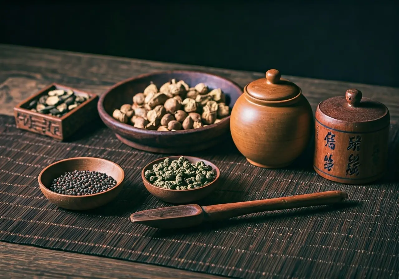 A serene Chinese herbal medicine display with traditional tools. 35mm stock photo