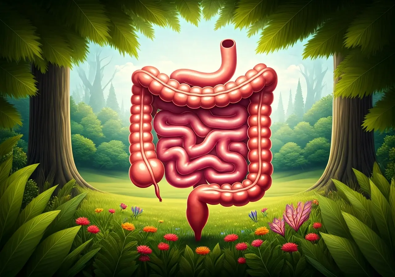 A vibrant illustration of a healthy gut surrounded by nature. 35mm stock photo