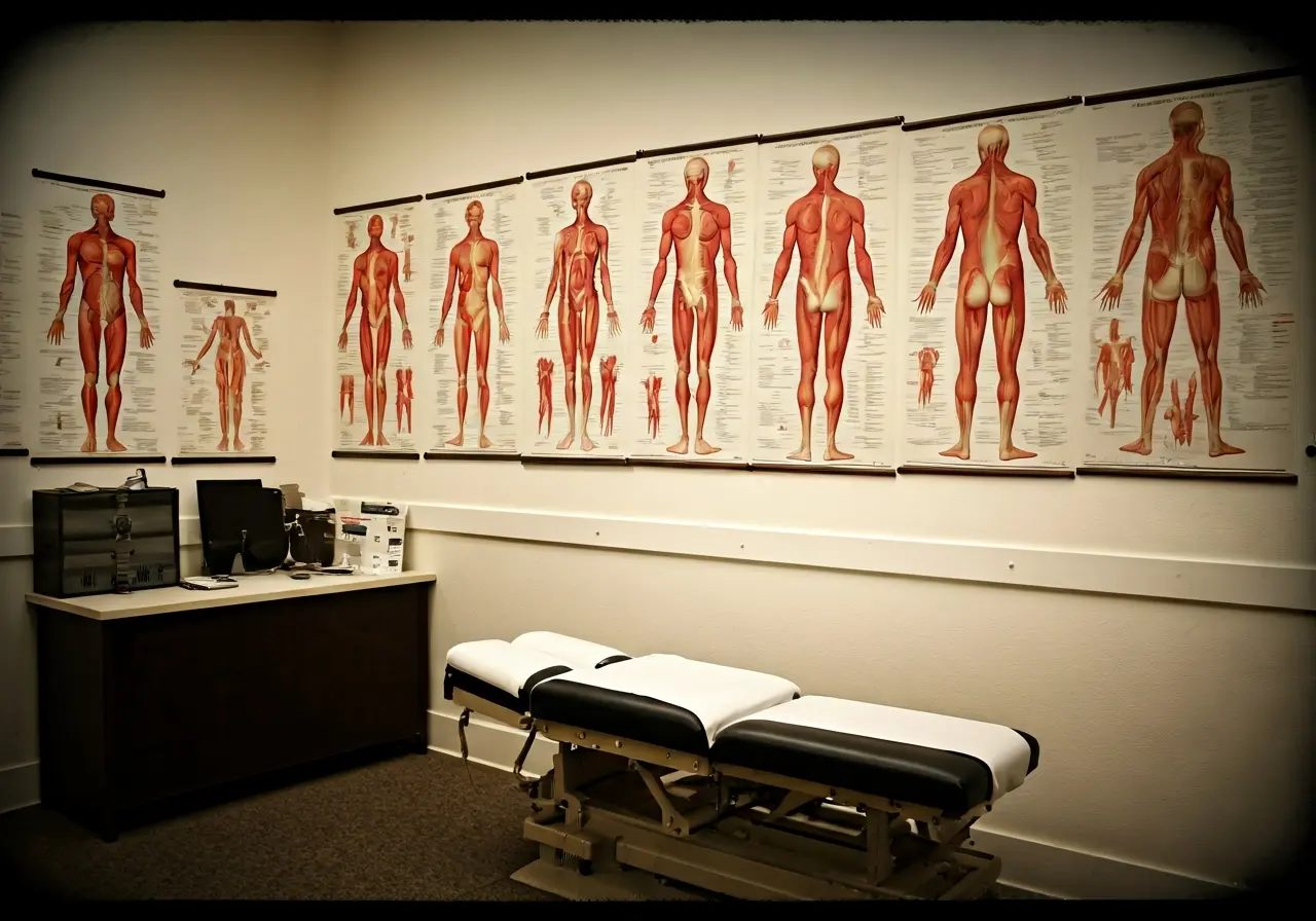 A chiropractor&rsquo;s office with anatomical charts on the walls. 35mm stock photo