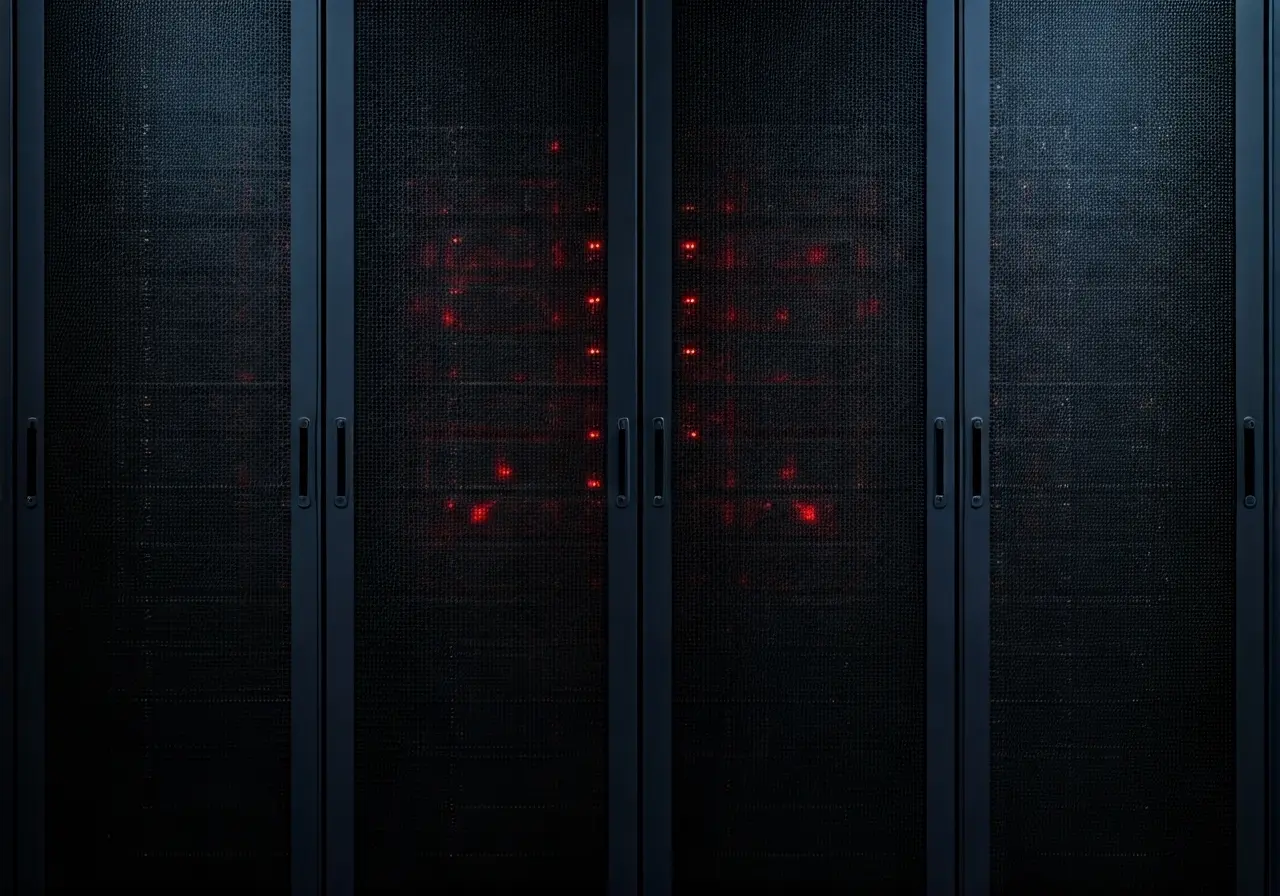 A modern server room with glowing LED lights. 35mm stock photo