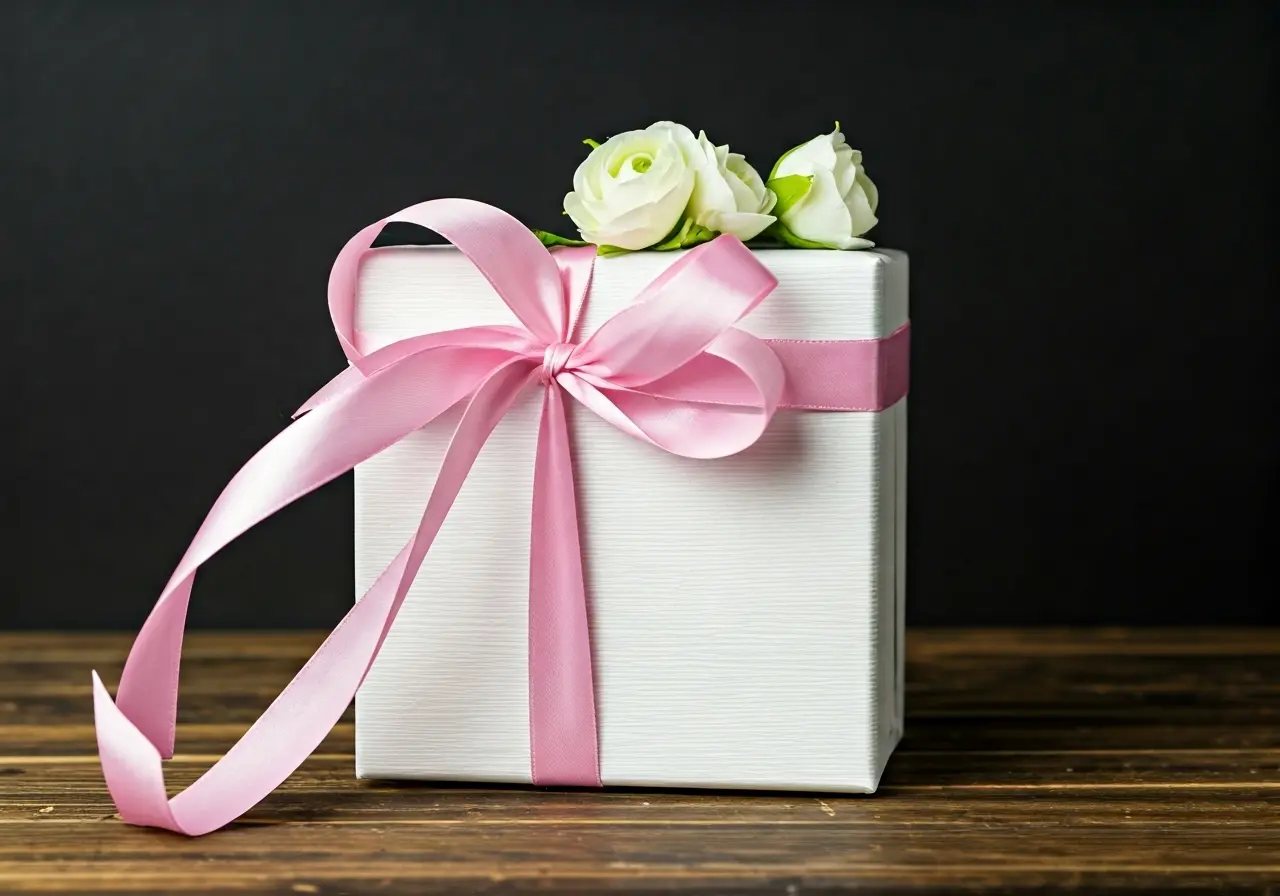 A beautifully wrapped gift box with elegant ribbons and flowers. 35mm stock photo