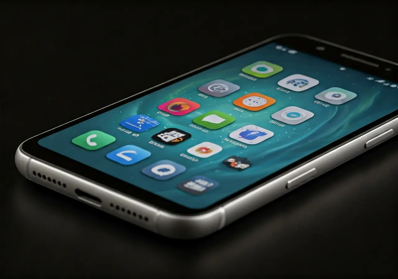A smartphone displays a variety of app icons. 35mm stock photo