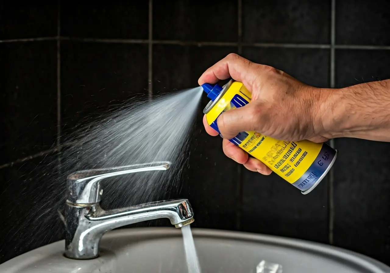 A hand spraying WD-40 on a stiff bathroom faucet. 35mm stock photo
