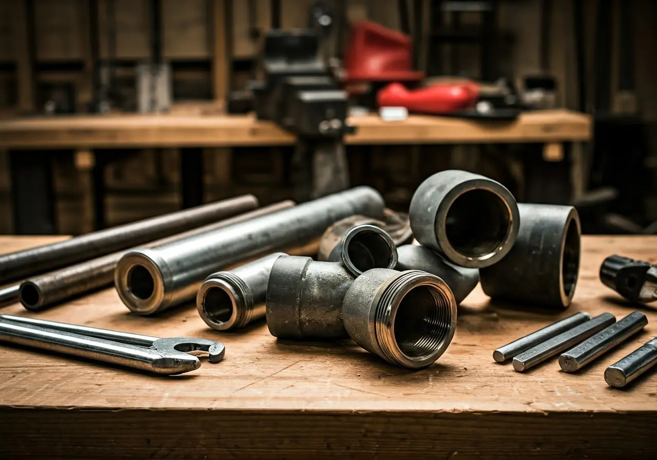 Pipes and tools arranged neatly on a wooden workbench. 35mm stock photo