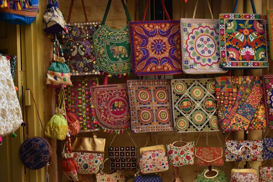 A vibrant collection of traditional embroidered handbags showcasing intricate patterns.
