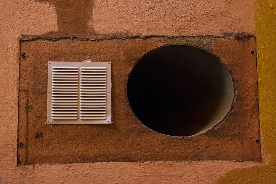 Detailed view of a wall with vent and large circular opening, textured surface.