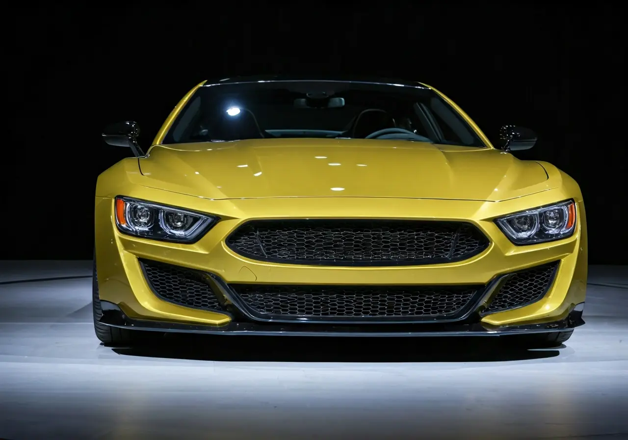 A gleaming, polished car reflecting bright showroom lights. 35mm stock photo
