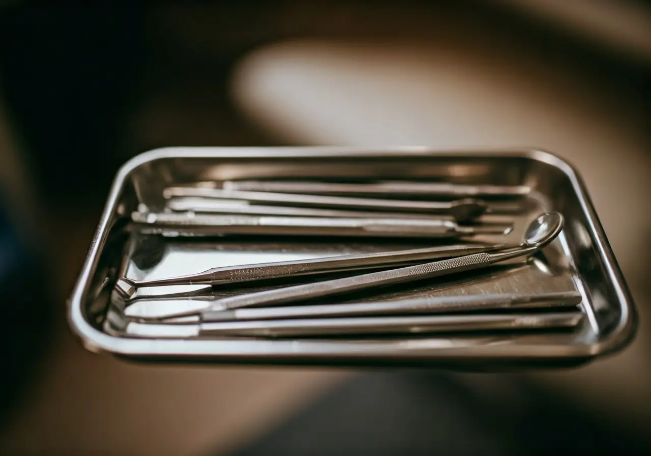 Dental tools organized neatly on a stainless steel tray. 35mm stock photo