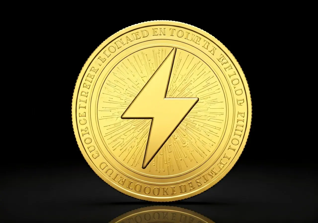 A digital gold coin with a lightning bolt symbol. 35mm stock photo