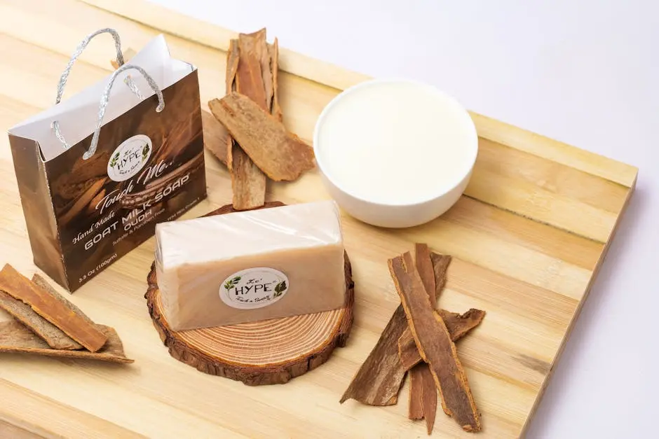 Artisanal goat milk soap with bark accents, elegantly presented on a wooden tray for a natural and rustic look.