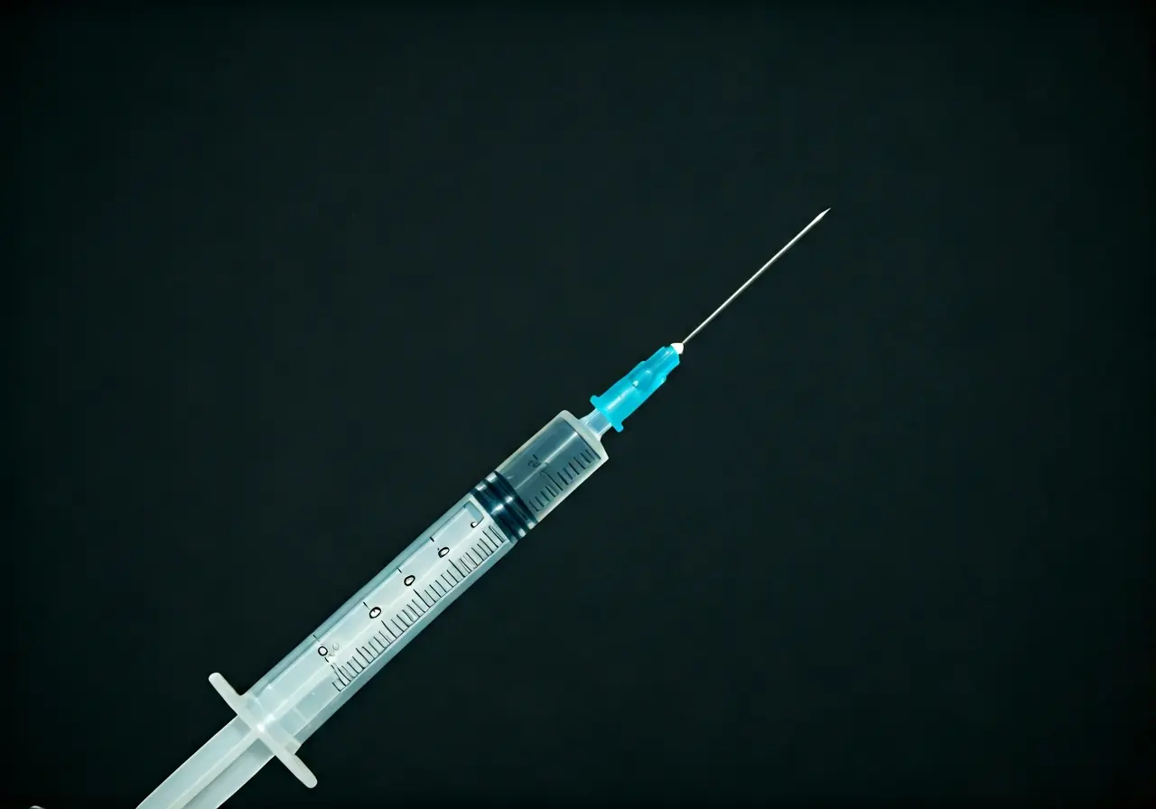 A close-up of a syringe with clear liquid inside. 35mm stock photo