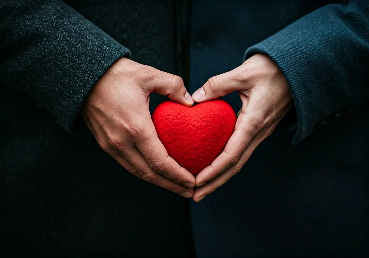 Two entwined hands holding a small heart symbol. 35mm stock photo