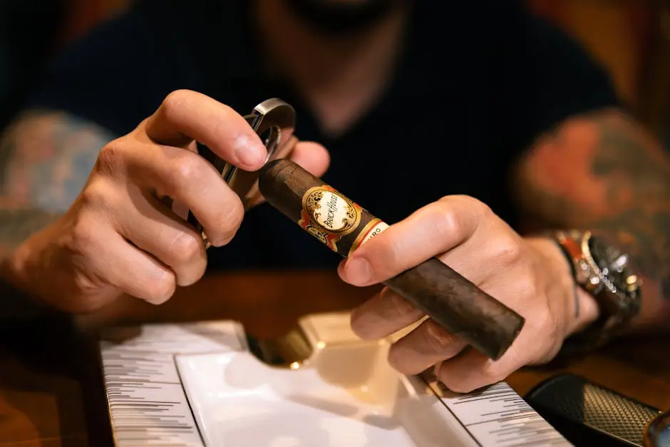 A detailed close-up of a man carefully cutting a cigar, showcasing precision and craftsmanship.
