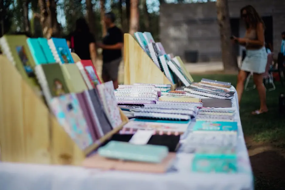 A variety of colorful notebooks lined up on a table at an outdoor market, with people in the background.