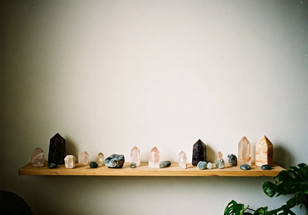 A serene living room with ethically sourced crystals on shelves. 35mm stock photo