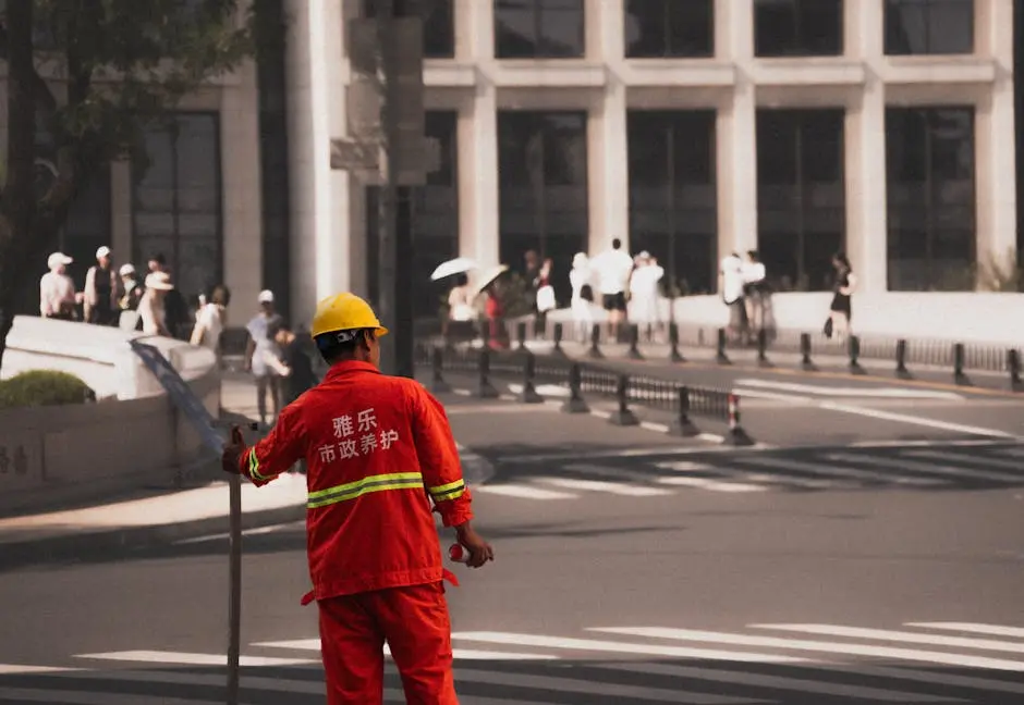 A street worker in red uniform and helmet directs traffic on a busy urban crosswalk.