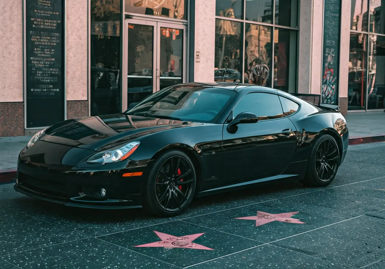 A sleek black car parked near Hollywood&rsquo;s Walk of Fame. 35mm stock photo