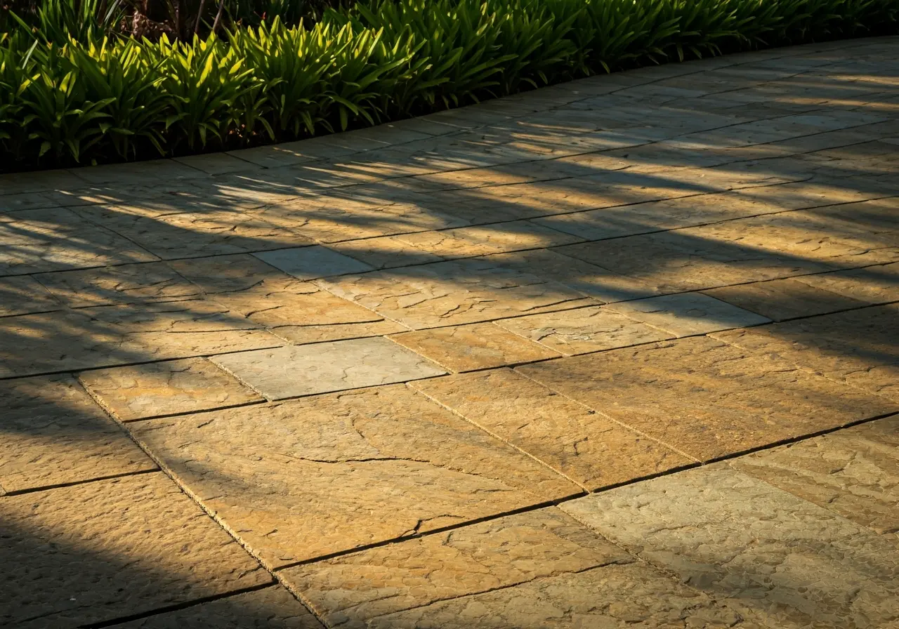 Stone patio with detailed, intricate masonry work in sunlight. 35mm stock photo