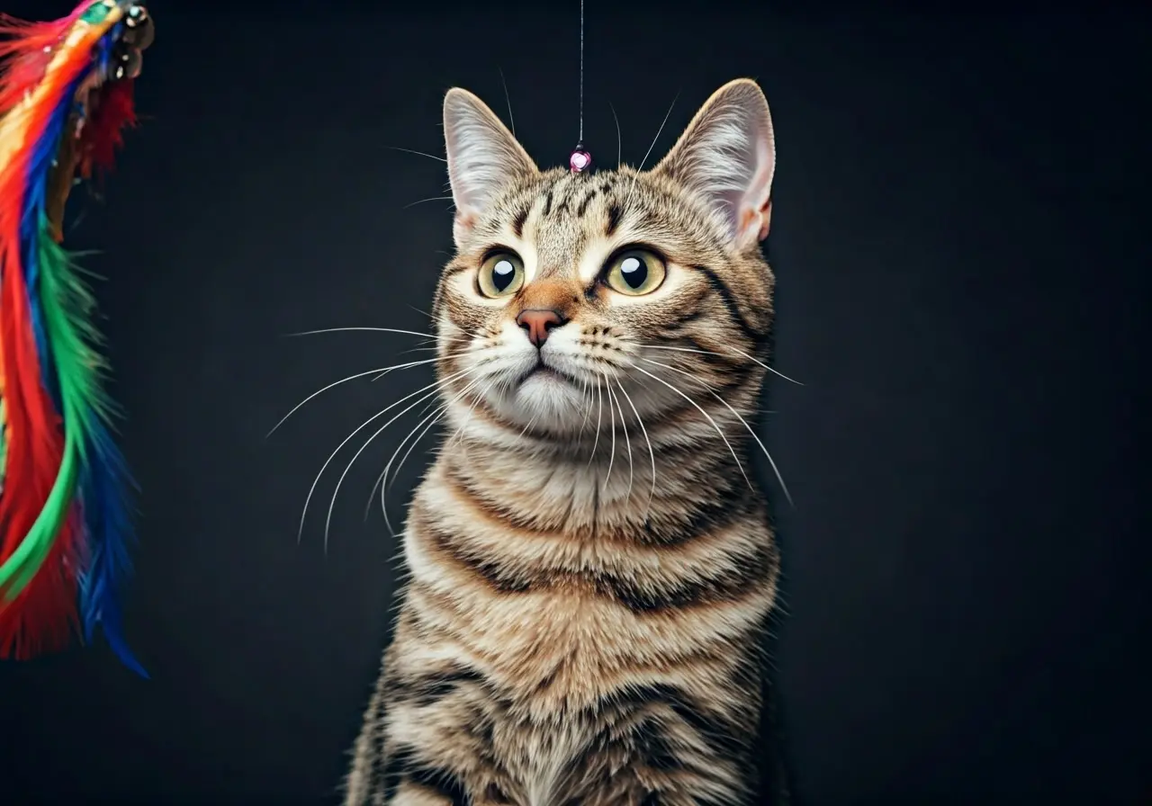 A joyful cat playing with colorful, dangling feather toys. 35mm stock photo