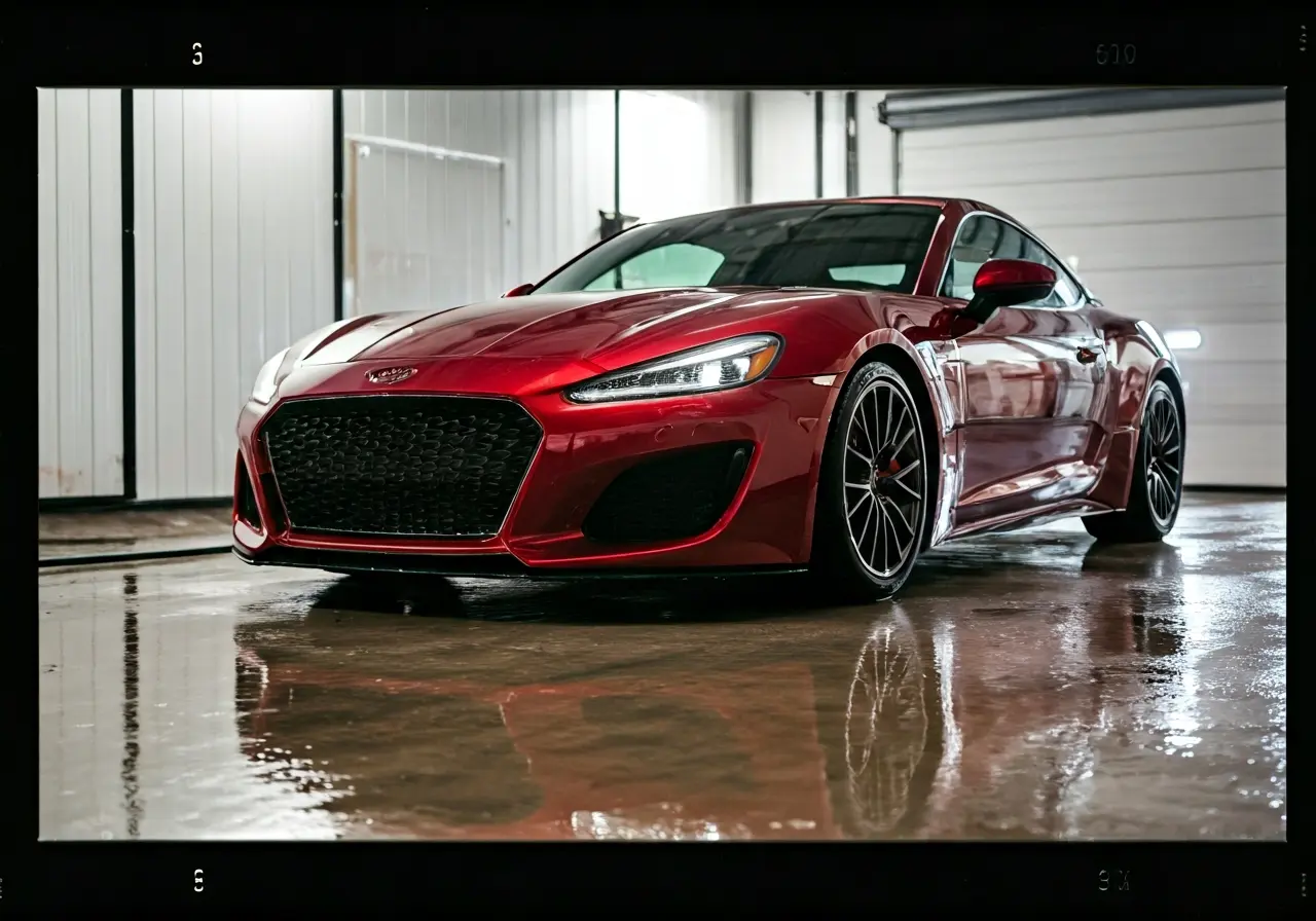 A sleek car reflecting its shiny surface after steam cleaning. 35mm stock photo